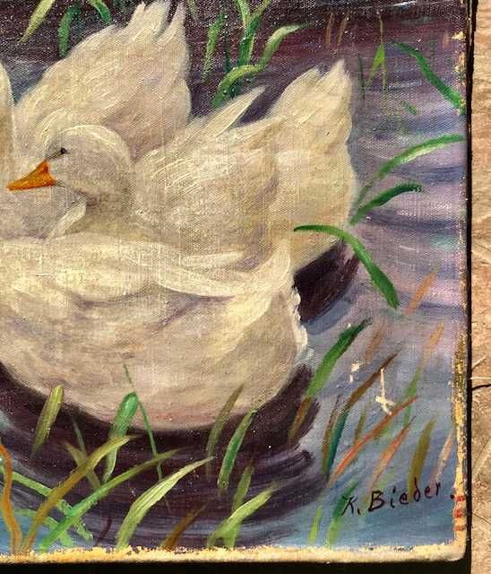 ”Rațe pe baltă” Tablou F VECHI de calitate ulei/pânză, semnat, 60x50cm