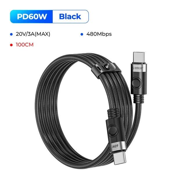 Orico кабел Cable USB C-to-C PD 100W Charging 1.0m Black -CDX-100CC-BK