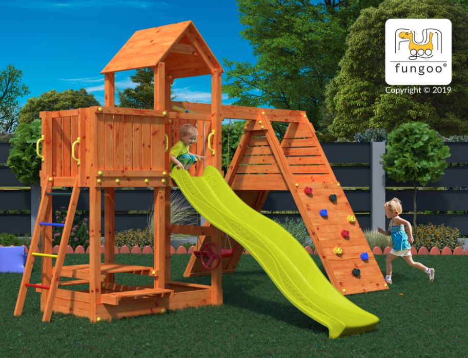 Разпродажба! Fungoo FLUPPI дървена детска площадка с пързалка и люлки