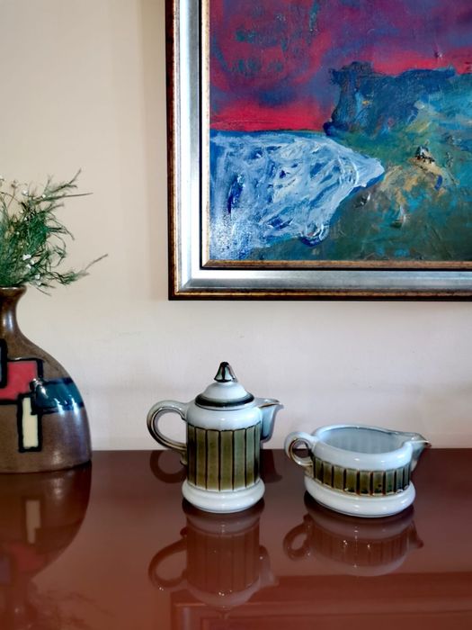 Антикварен комплект от сервиз за чай кафе чайник с похлупак и каничка