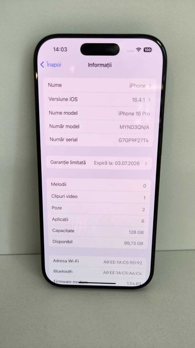 Iphone 16 Pro 128GB (Ag8 Tudor1/B73813) – Garantie 2 Ani!
