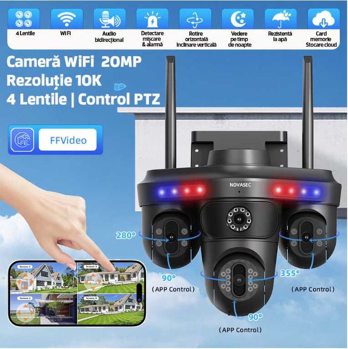 Camera de Supraveghere WiFI, 4 Camere, 20MP, Exterior/Interior, Alarma