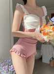 Costum de baie kawai roz pudra cu funda alba