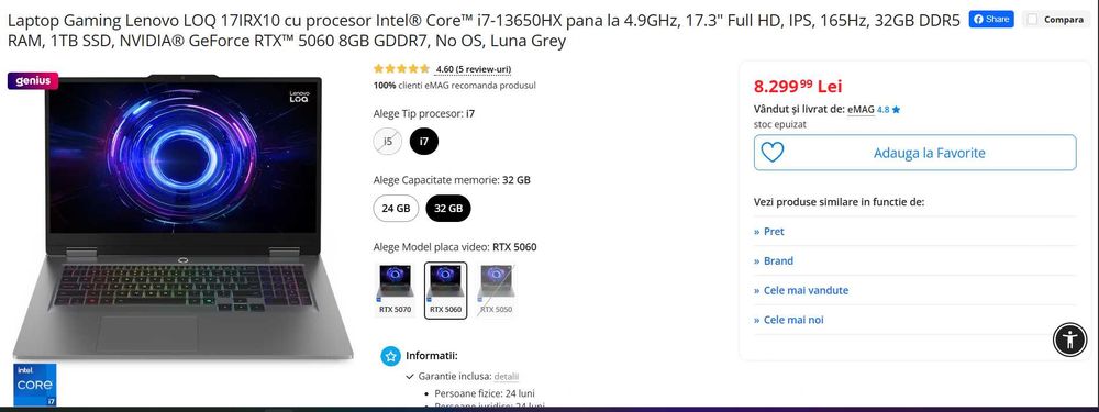 Lenovo LOQ 17IRX10 17.3" 165Hz i7-13650HX 32GB RAM(DDR5) 1TB RTX 5060