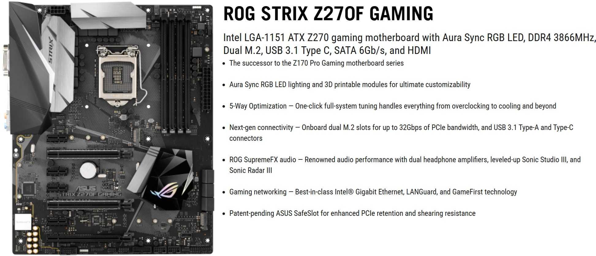 Дъно Дънна платка Asus ROG Strix Z270F Gaming 1151 DDR4 OVERCLOCK