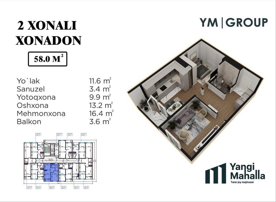 Yangi mahala navastroyka uy 58kv