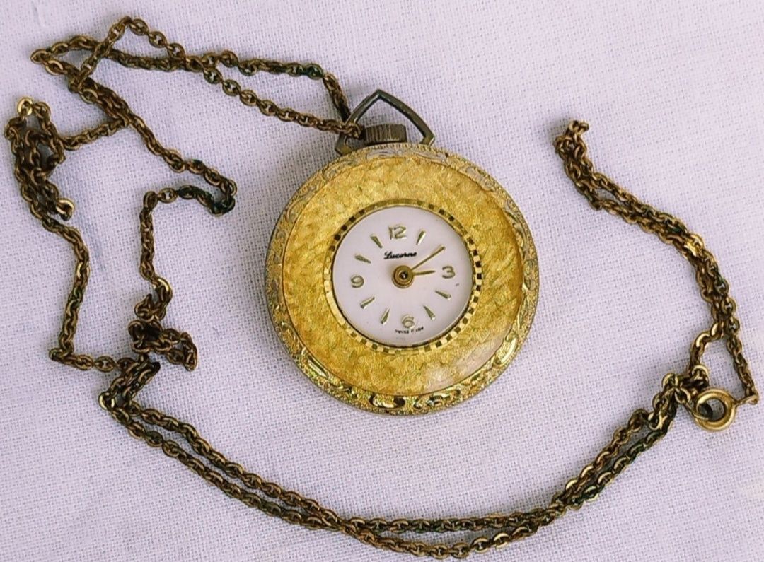 Ceas damă mecanic Lucerne, pandantiv cu lanț, un rubin, placat cu aur