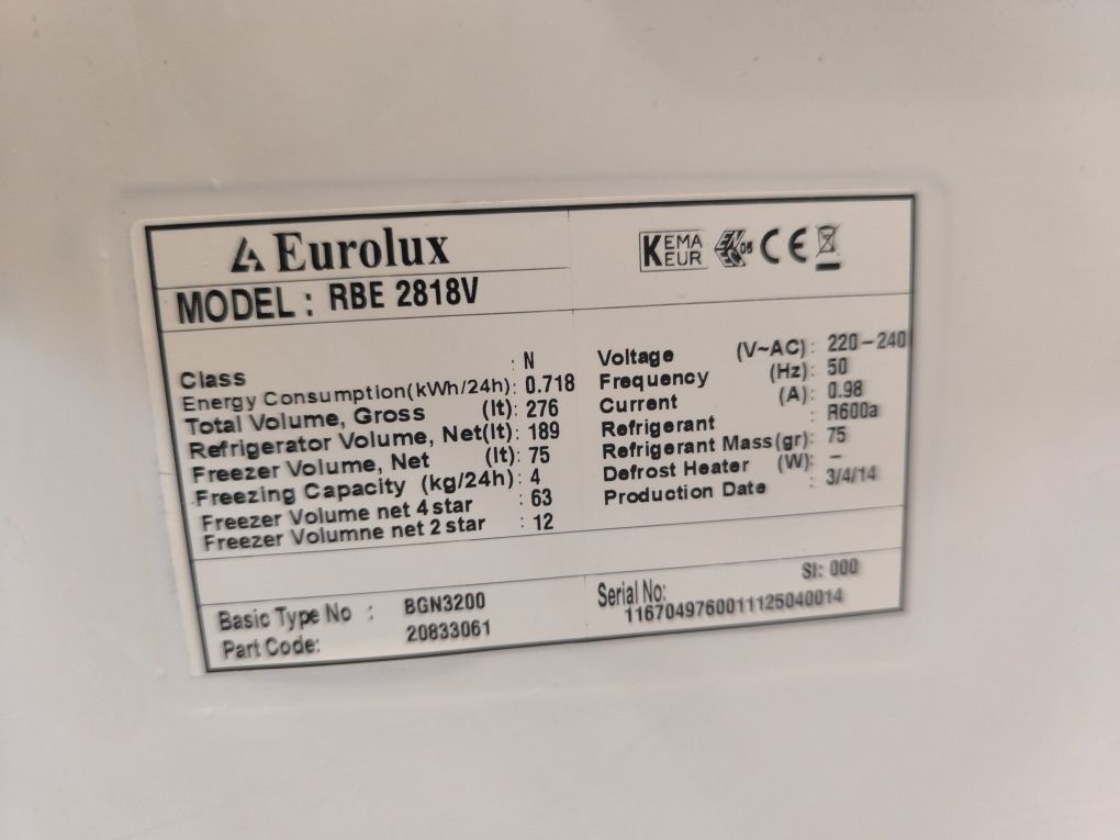 Хладилник с фризер EuroLux RBE2818V