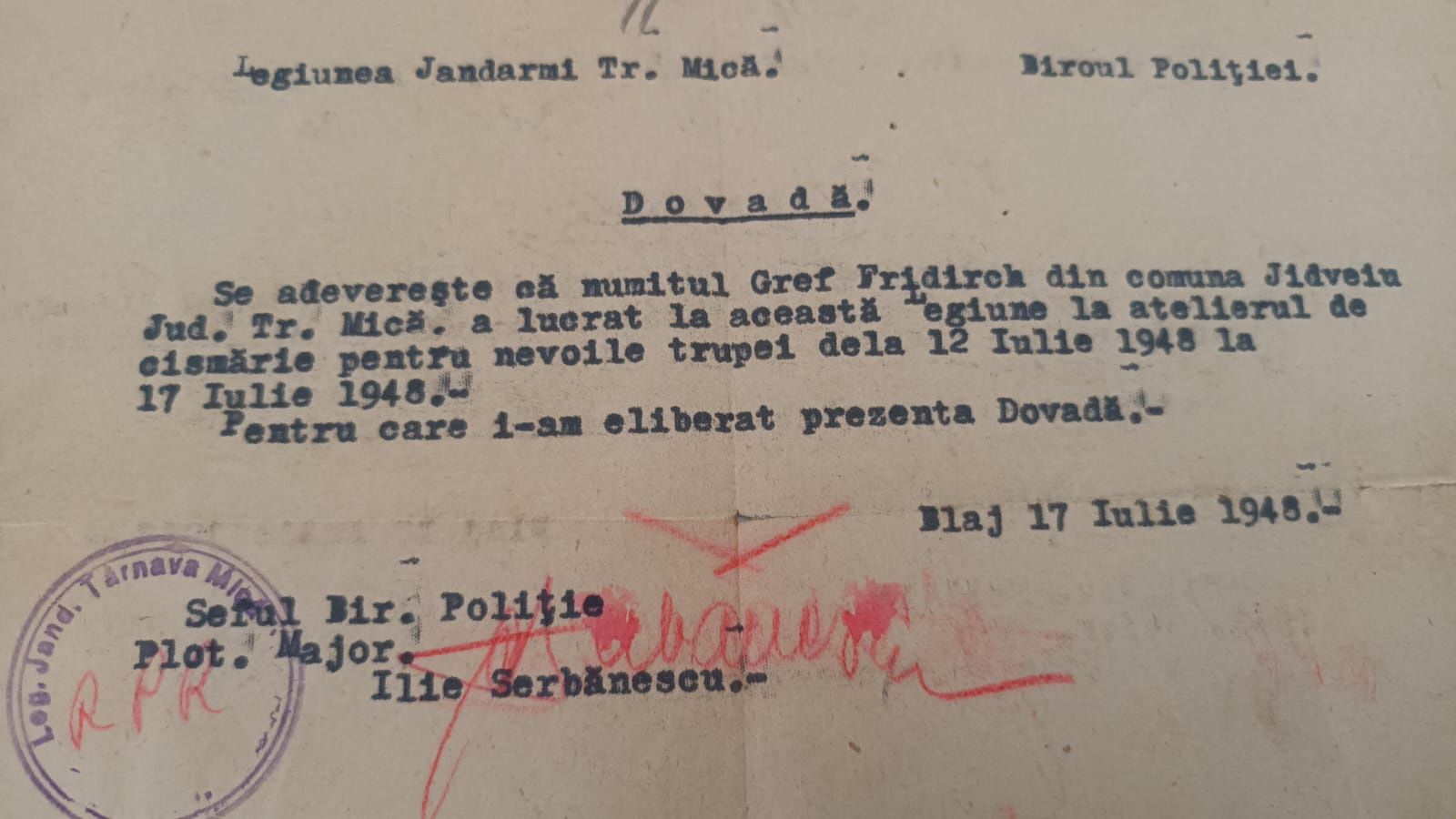 Acte vechi 1948 Legiunea Jandarmi Tr. Mică ,Biroul Poliției