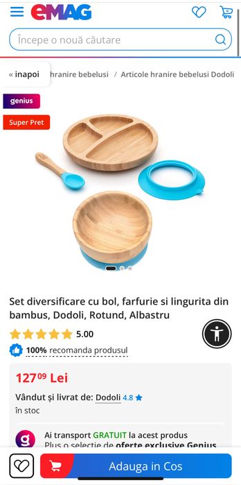 Set farfurie + bol + linguriță pentru bebeluși din bambus