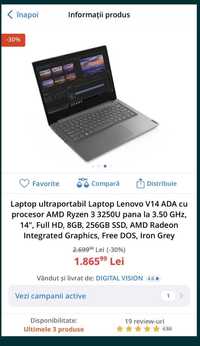 Laptop Lenovo V 14 cu Ryzen 3, 8 ram 256 ssd ,utilizat ,stare perfectă