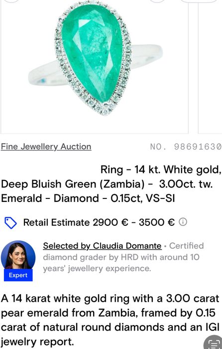 Дамски пръстен бяло злато, изумруд и диаманти.