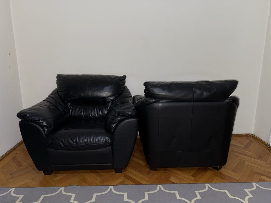 Set canapea + 2 fotolii din piele naturala neagra
