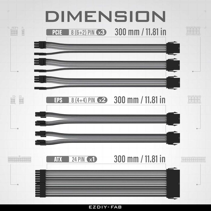 EZDIY-FAB Cablu prelungitor sursă PC PSU GPU 24PIN/8PIN/6+2/4+4 300MM