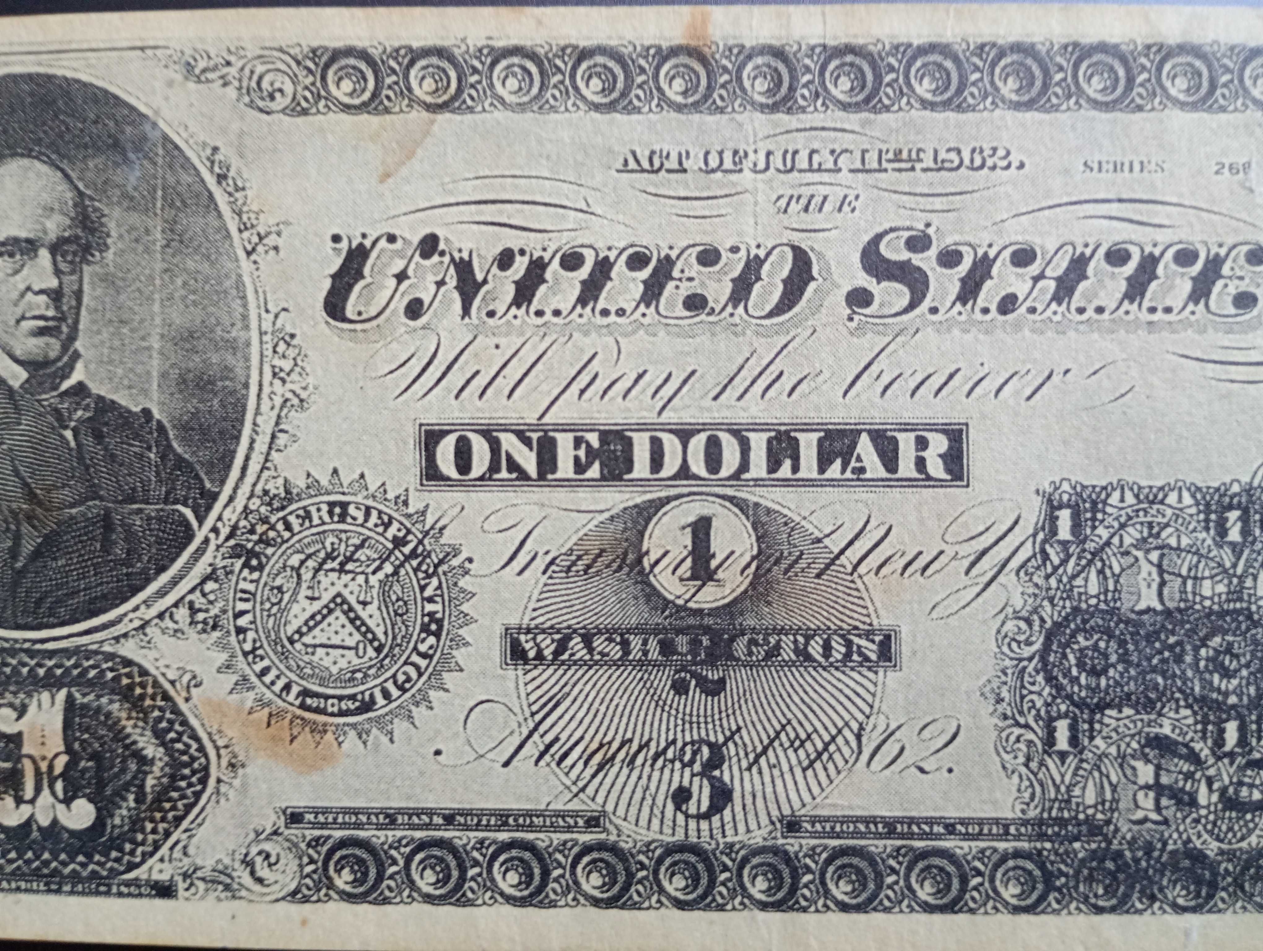 Bancnota Veche Americana de 1 dolar emis in Washington in August 1862