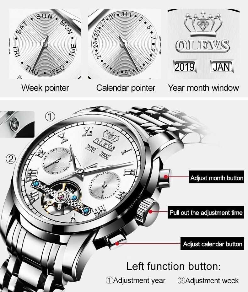 Olevs Automatic Skeleton Calendar Светещ, Мултифункционален, 3 АТМ