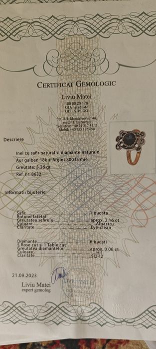 inel vechi aur diamante safir certificat