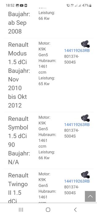 Turbo Dacia Duster Lodgy Logan Sandero 1.5dci 90Cp 08-18