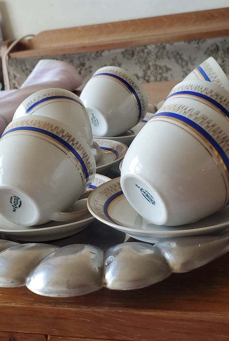 Set cafea porțelan alb albastru