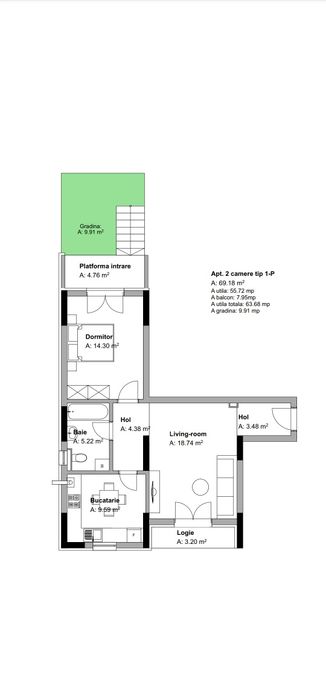 Apartament 2 camere Gradina Curte  20 mp Dobroesti