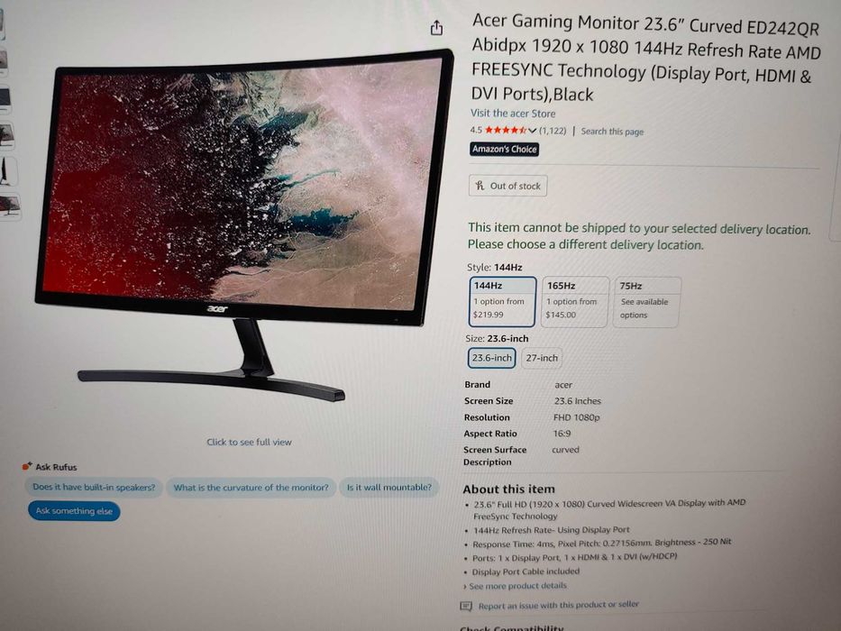 Извит монитор Acer ED242Q 144Hz