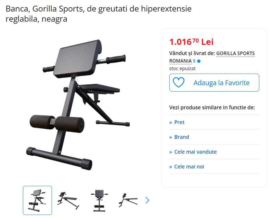 Banca, Gorilla Sports, de greutati de hiperextensie reglabila, neagra