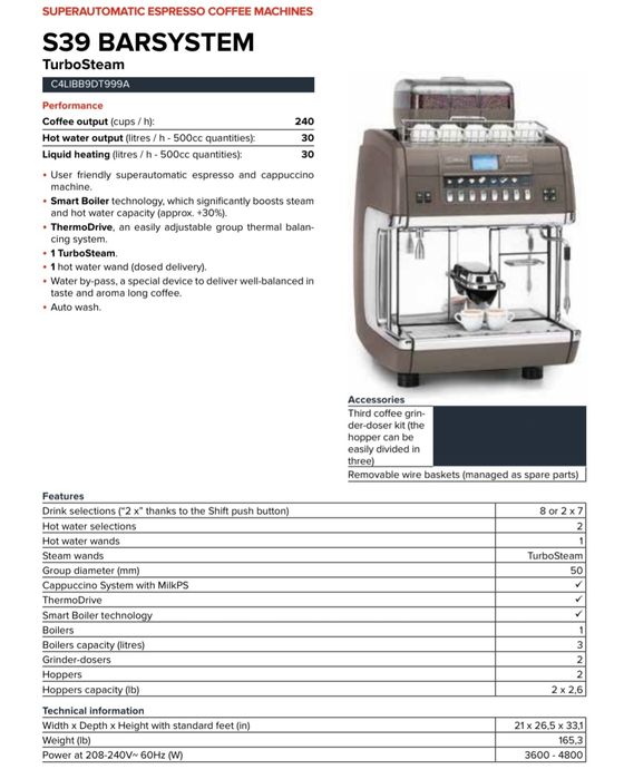 Expresor de cafea super-automată La Cimbali S39 Barsystem. 
.. 
Espre
