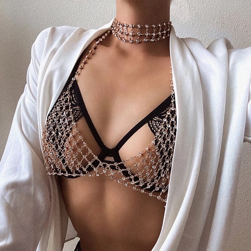 Set Choker/Lanț și sutien din cristale elegant festival