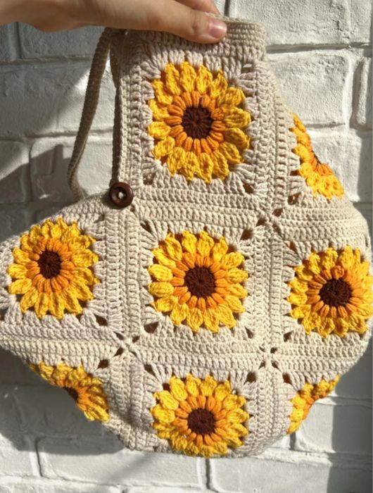 Sacoșă croșetată cu flori floarea-soarelui din bumbac 100% handmade