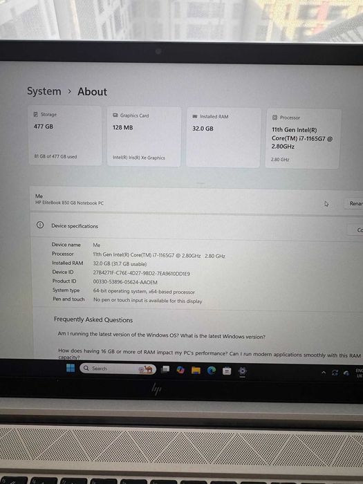 HP EliteBook 850 G8, procesor i7-1165G7, 32 GB RAM