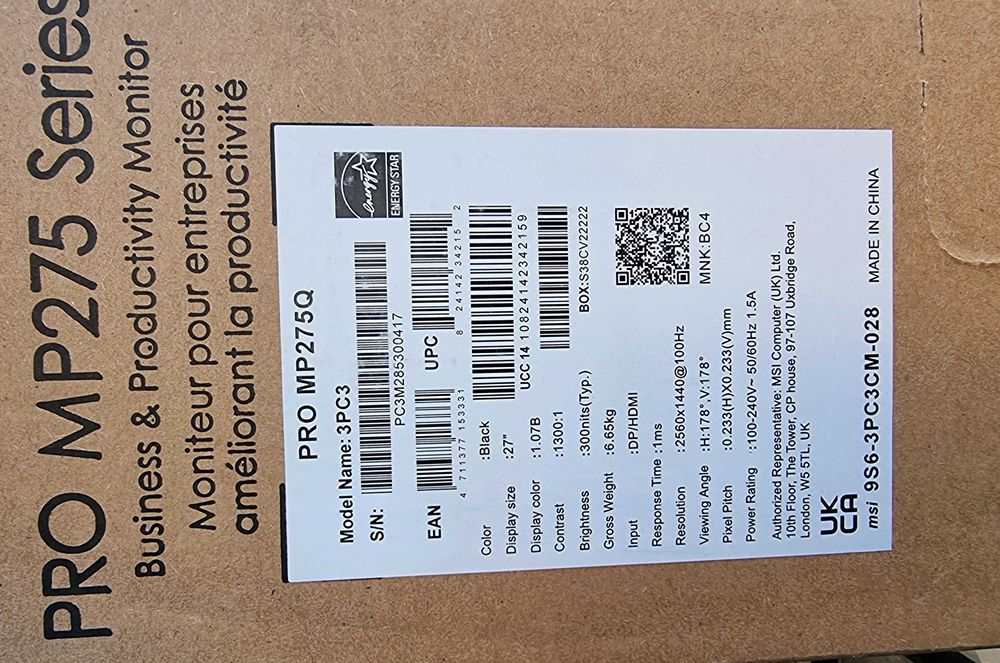 Monitor MSI PRO MP275Q, 27 inch, 2K , QHD, 100Hz, 1ms, IPS