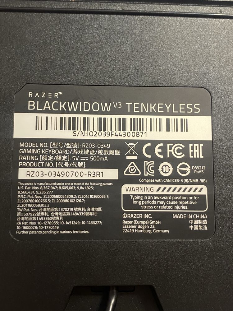 Продаю игровую клавиатуру razer blackwidow v3 tenkeyless б/у