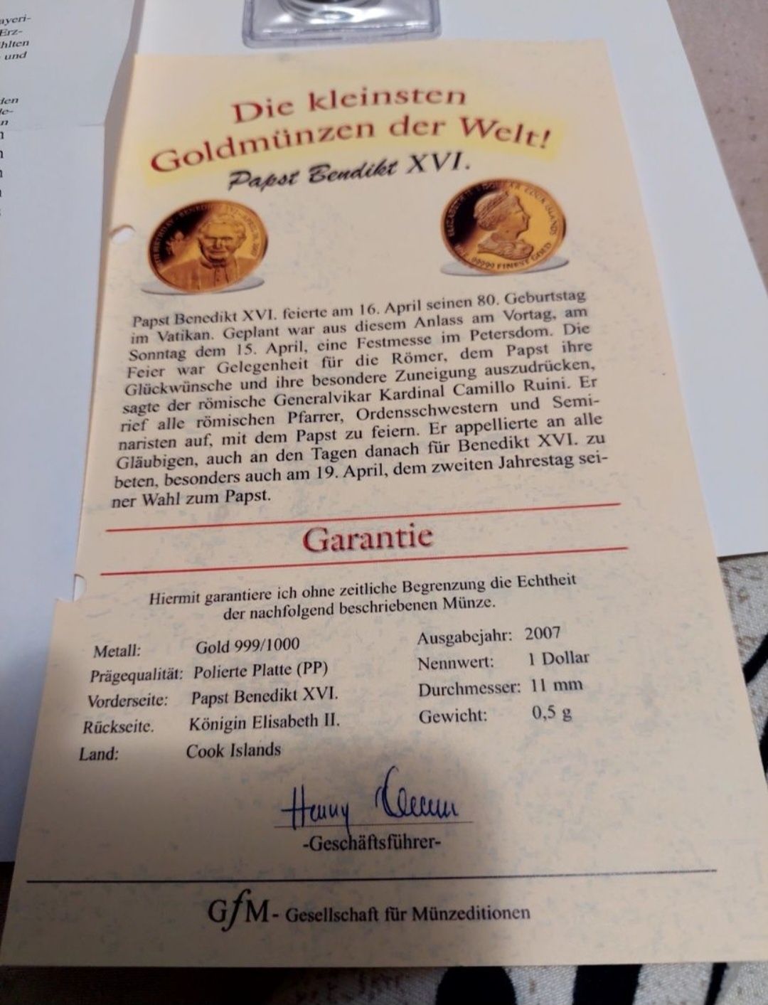 Moneda colectie Aur 24k 1 Dollar gold 2007 Papa Benedict & Elisabeta