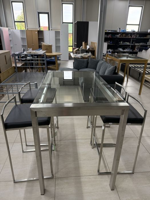 Set masă de bar din oțel inoxidabil cu 4 scaune incluse