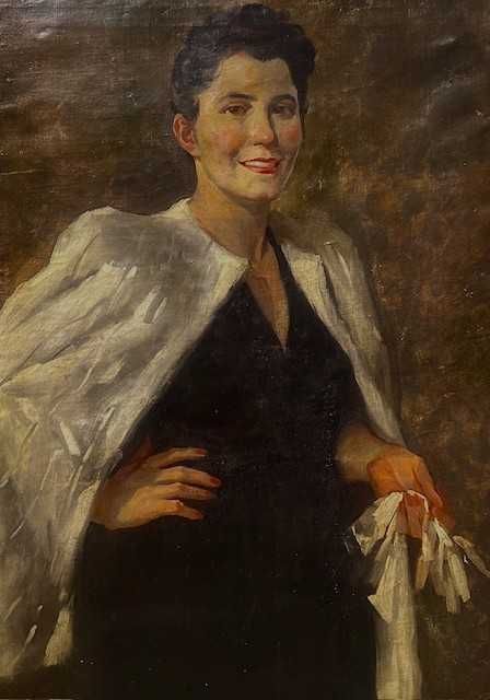 Doamna cu mantou alb-Tablou F VECHI, mare 100x70cm+R ulei/pnză, semnat