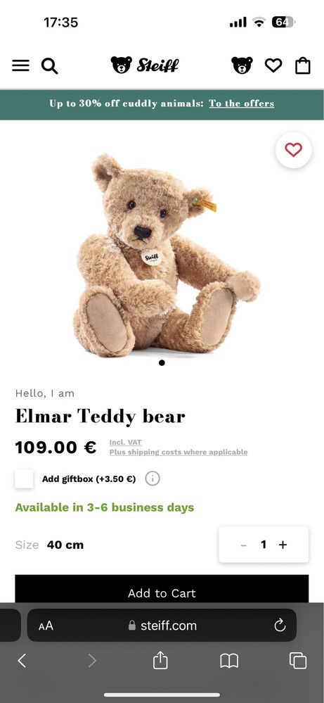 Ursulet Plus Steiff Elmar 40cm NOU