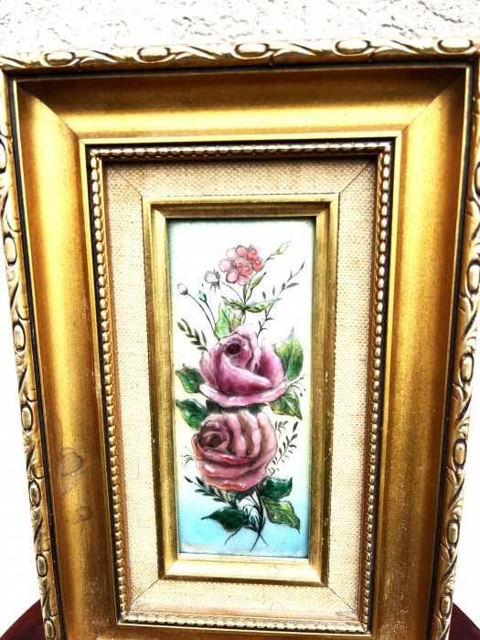 Deosebit tablou-portelan emailat-trandafiri-Limoges-Franta