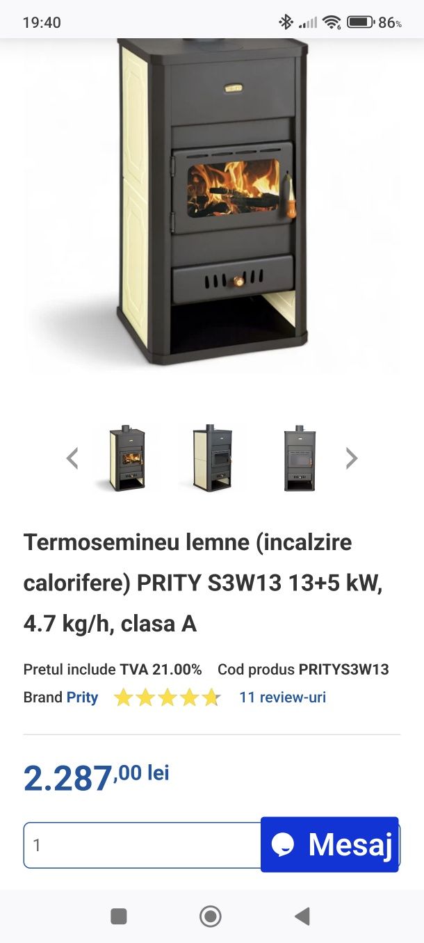 Termosemineu lemne (incalzire calorifere) PRITY S3W13 13+5 kW