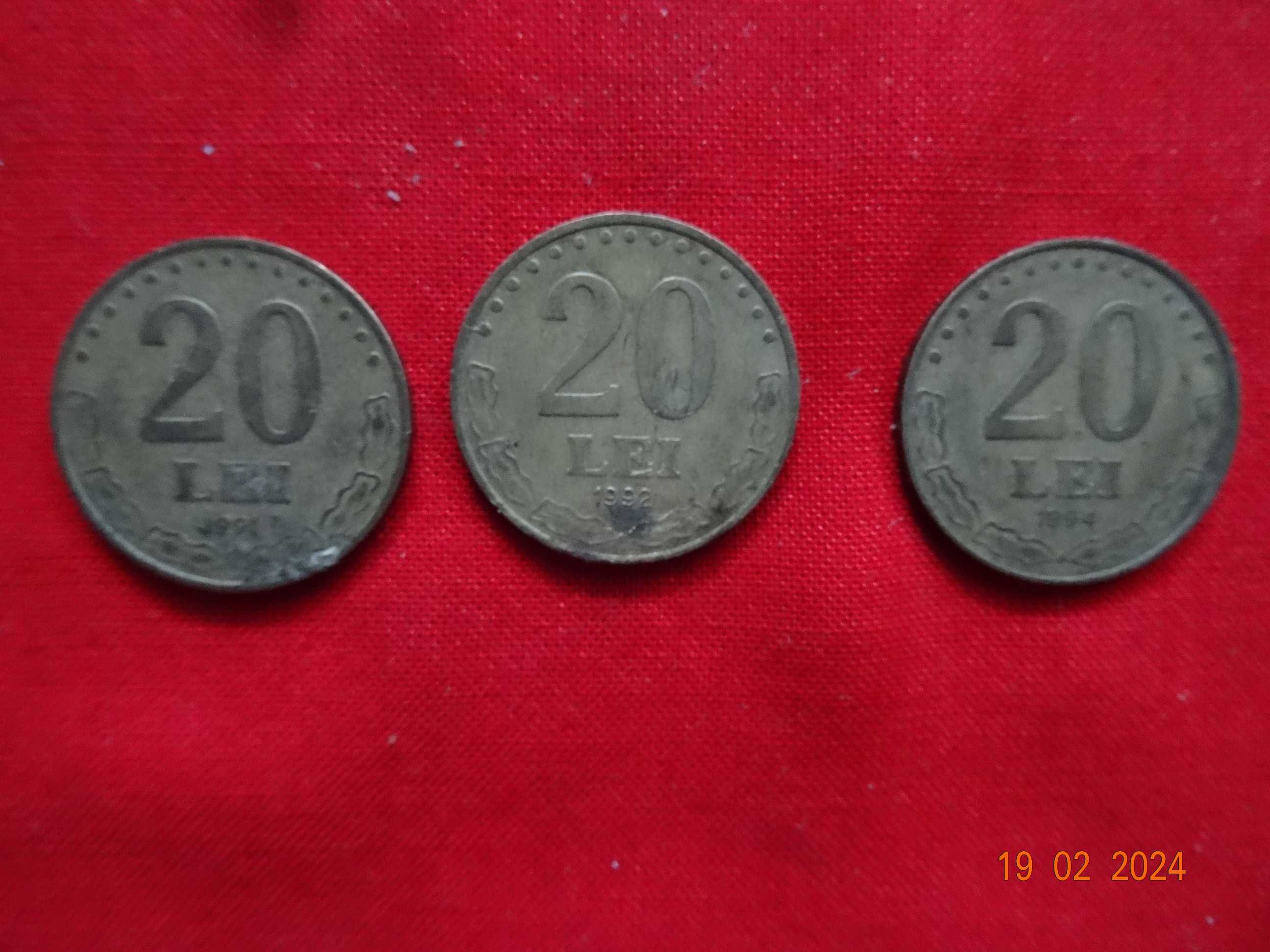Trei monede de 20 lei cu efigia lui Stefan cel Mare, 1991,1992,1994