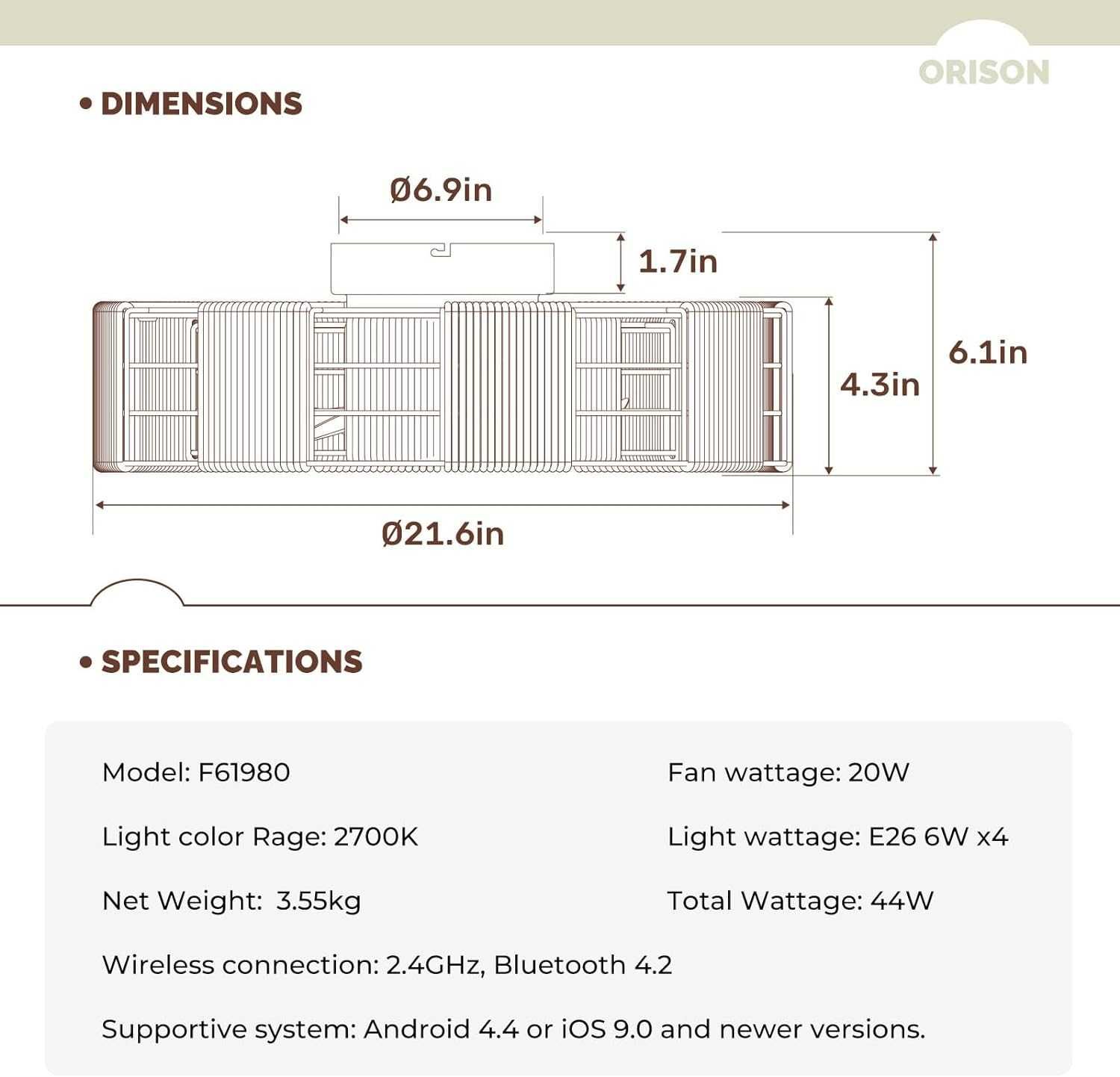 Вентилатор за таван Orison с 4 крушки, 7 перки и 6 скорости, 55 см