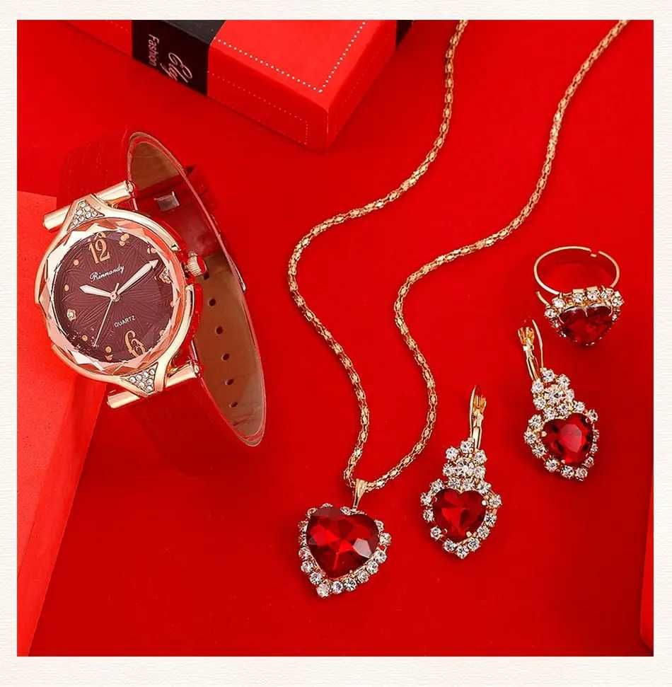 Луксозен комплект с часовник гривна колие пръстен и обеци