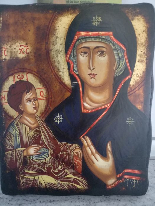 Icoana pictura pe lemn cu foita de aur "Maica Domnului cu Fiul" certif