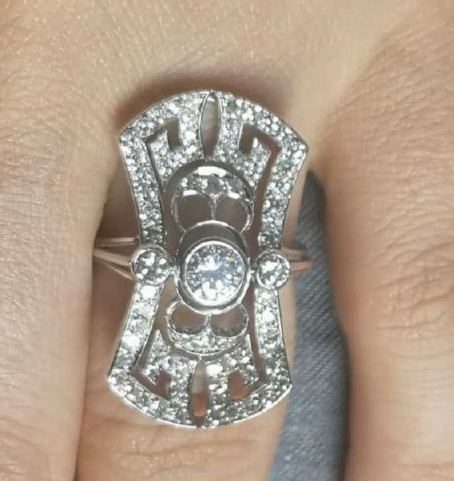 Inel superb ArtDeco din aur alb de 14K si diamante naturale