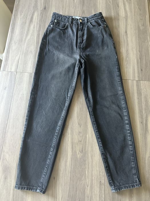 Дамски дънки Zara черни Mom Fit, с камъни