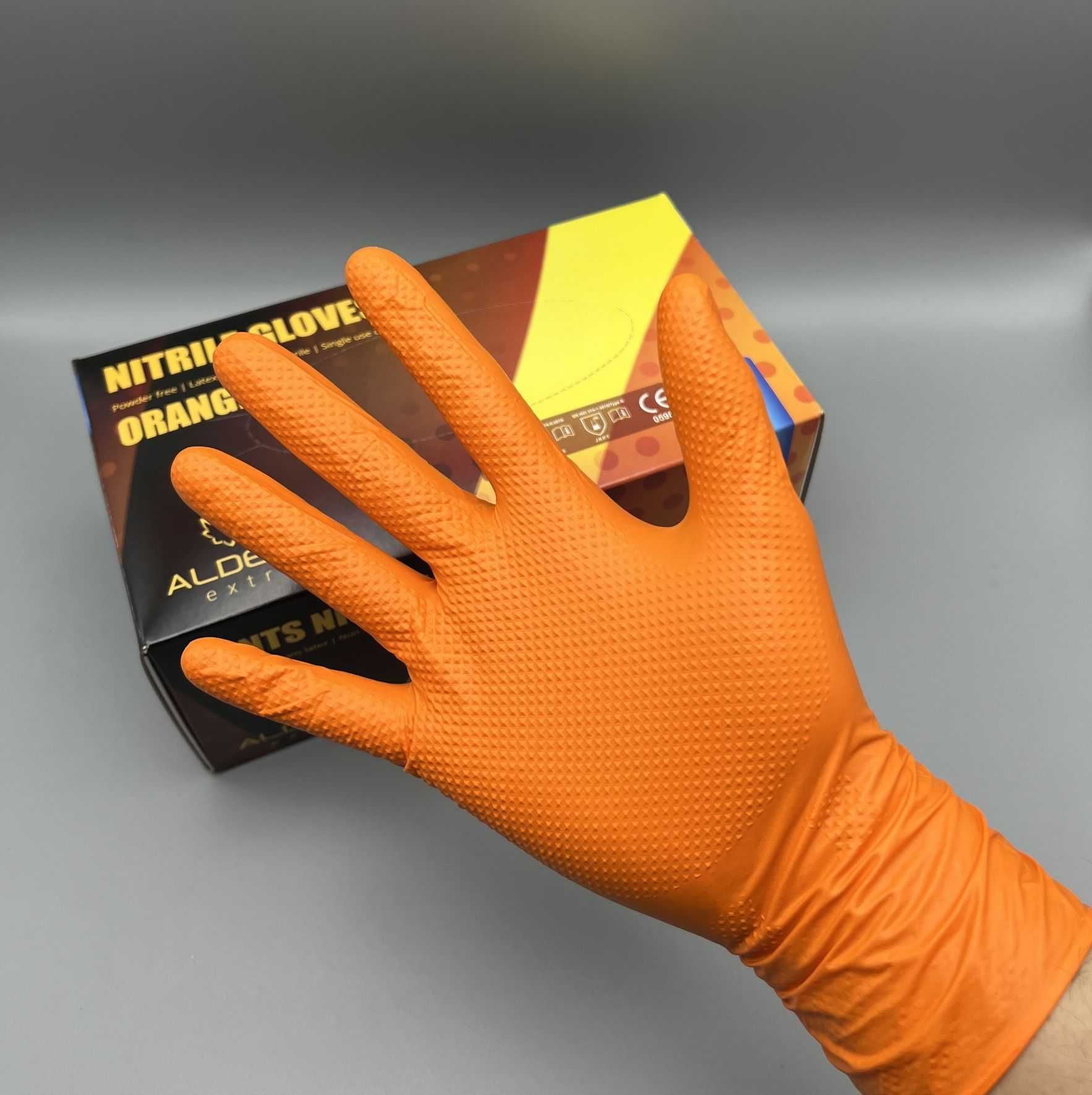 Оранжеви,индустриални, нитрилни ръкавици с релефна текстура