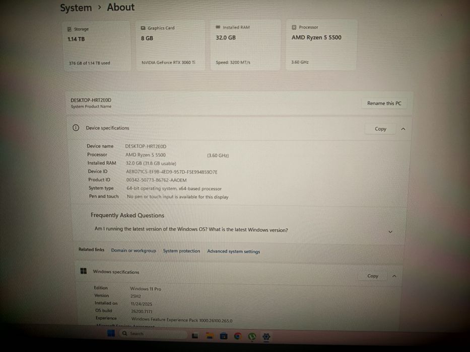 Pc gaming ryzen 5 5500 geforce rtx 3060Ti ram 32gbddr4,monitor 200hz