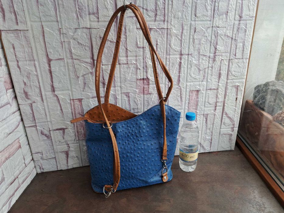 дамска чанта,раница,синя,кожена-естествена кожа