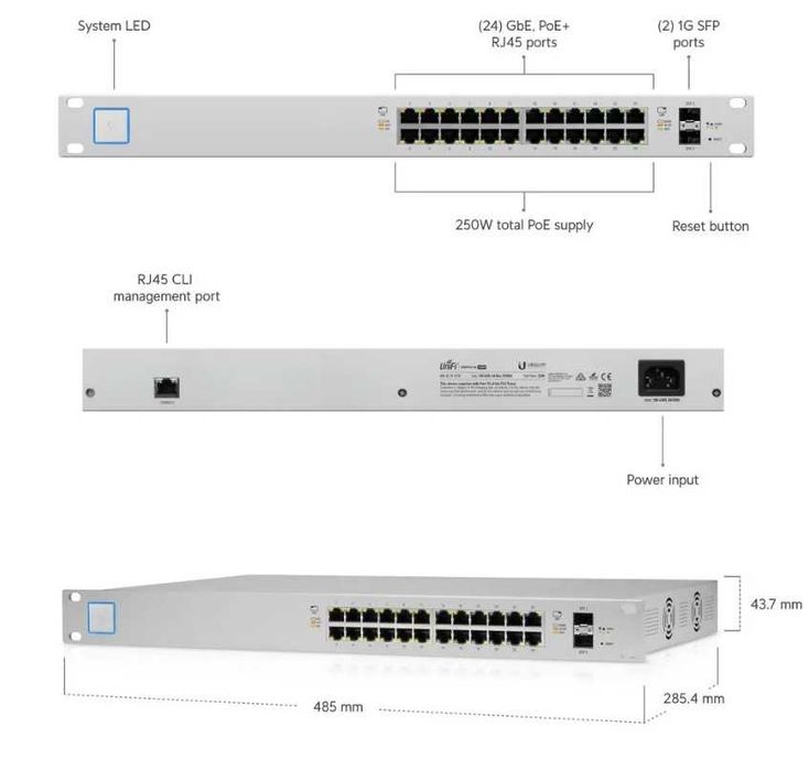 Switch PoE Ubiquiti UniFi cu 24 porturi Gigabit, 2xSFP - US-24-250W