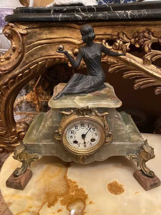 Superb ceas antic-onix și bronz-statueta Art Deco-Olanda