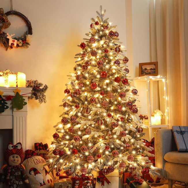 Brad artificial Yorbay 180 cm, Alb cu Fulgi de Zăpadă, Iluminat LED